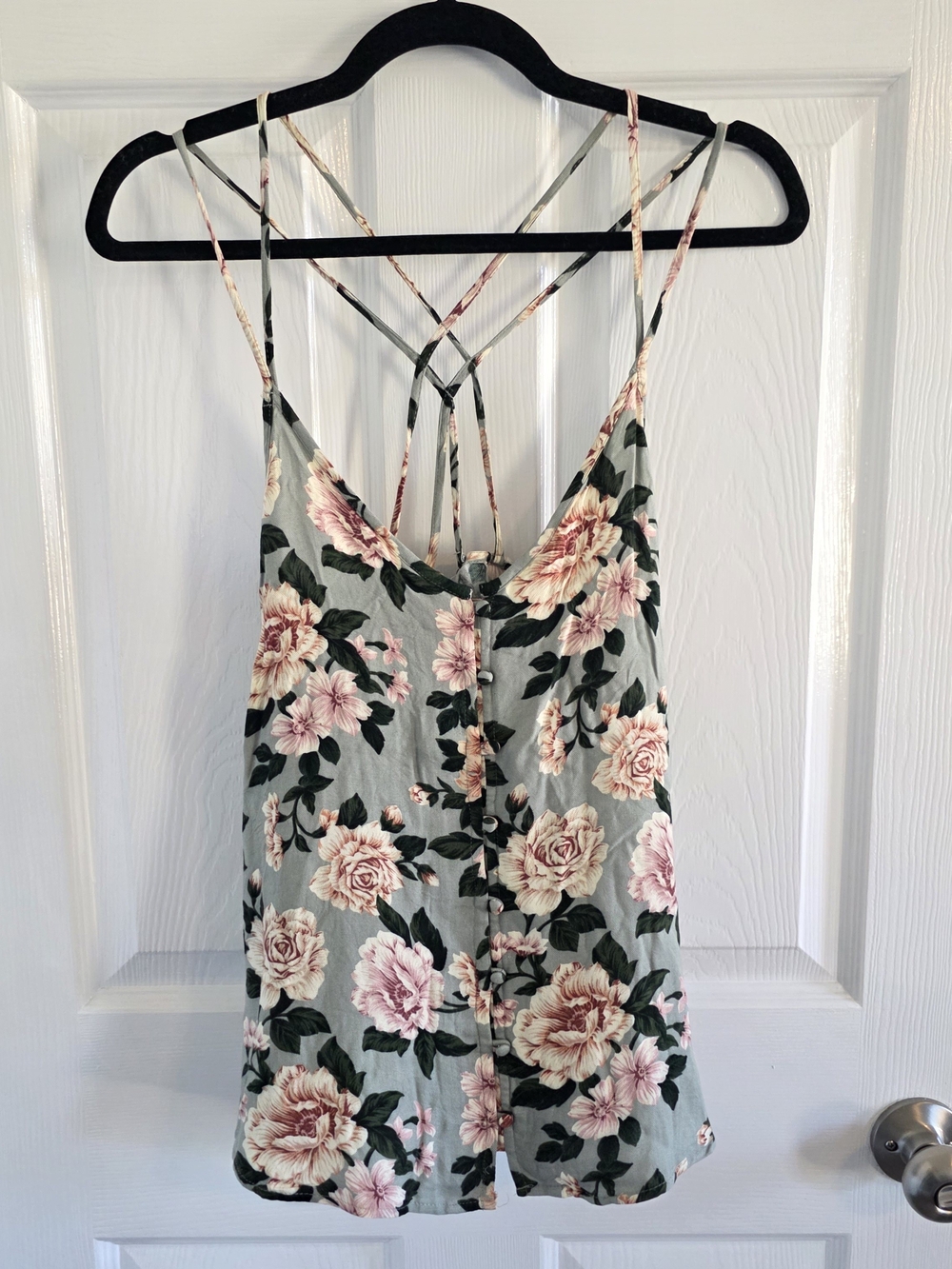 American Eagle Outfitters Floral Strappy Tank Top - Sage Green with Pink Flowers